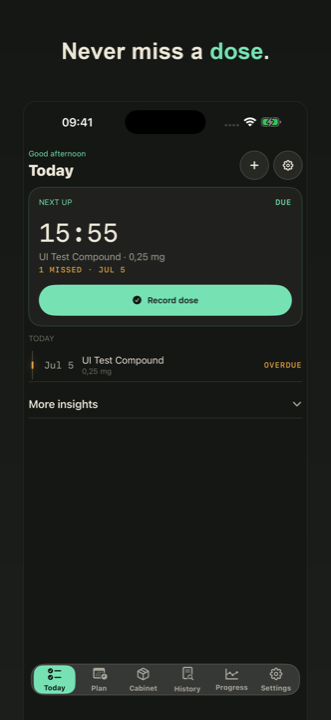 Today — next dose up with one-tap record