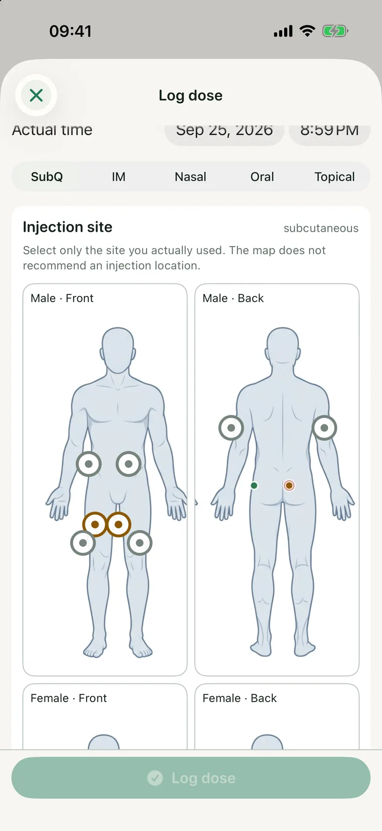 Pinned Log dose sheet with the body map and the note that the map does not recommend an injection location